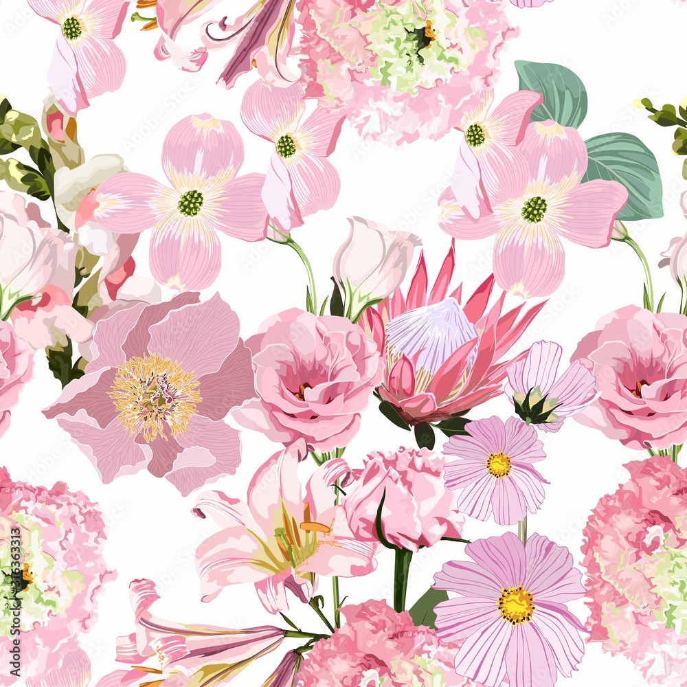 Seamless floral pattern with many kind of pink flowers: eustoma, lilies, peony, protea on white background. 