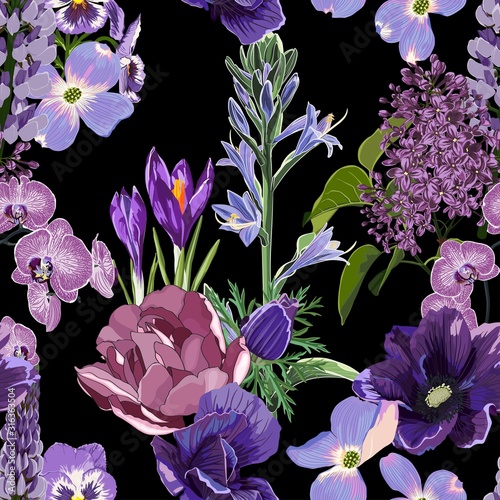 Seamless floral pattern with many kind of violet flowers: rchid, lilac, peony, lupines on black background.  photo