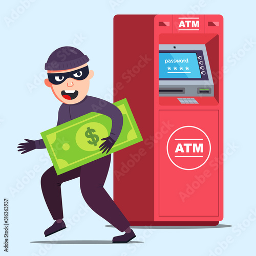 the thief stole money from an ATM. lucky criminal. Flat character vector illustration.