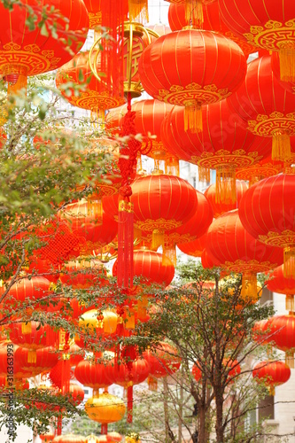 The beautiful red Chinese tradition lantern for Lunar New Year decoration at outdoor area.