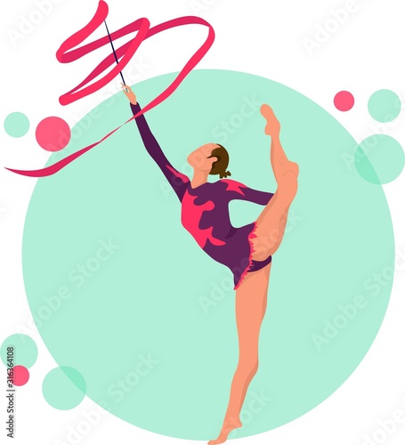 Young girl rhythmic gymnastics with ribbon vector illustration. Training performance strength gymnastics. Championship workout rhythmic gymnastics beautiful character.Women Acrobatic Gymnastics, flat