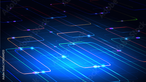 Illustration of a techno technology design of luminous lines on a dark blue background. The modern concept of digital technology.