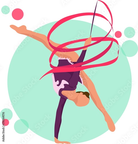 Young girl rhythmic gymnastics with ribbon vector illustration. Training performance strength gymnastics. Championship workout rhythmic gymnastics beautiful character.Women Acrobatic Gymnastics, flat