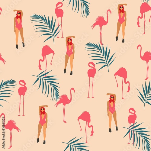 Patterns with girls in a flat style swimsuit sunbathing and Flamingo  pattern suitable for fabric and textile. Seamless texture.