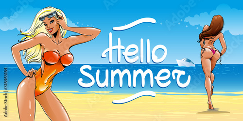 Beach by the ocean, yacht and sexy girls with athletic bodies in swimsuits. Brunette in a bikini with a beautiful booty walks on the sand. Travel Holiday poster, banner with Hello summer text, vector