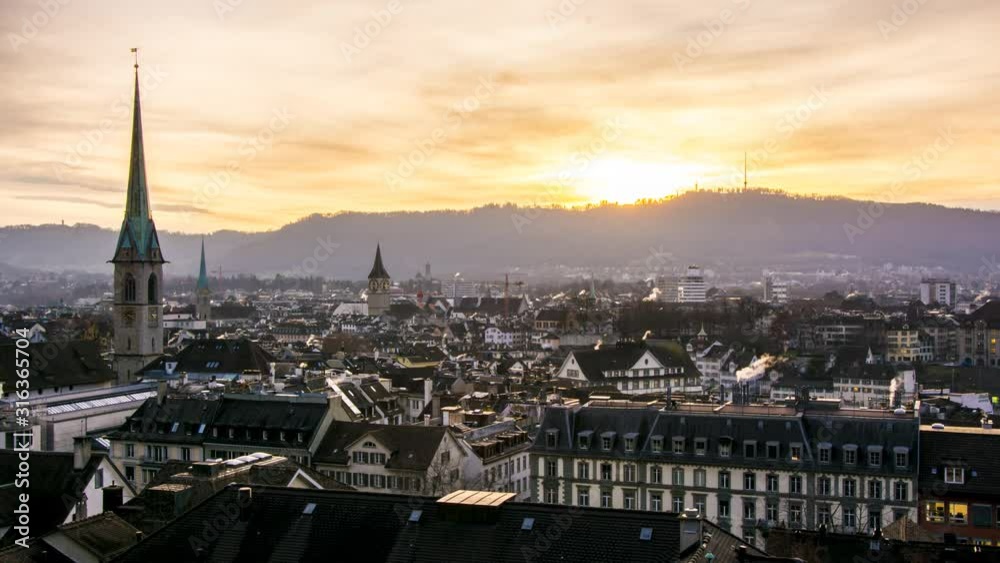 sunset timelapse over zurich city skyline uetliberg in winter