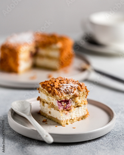 Piece of sour cream cake on white background