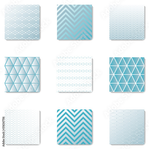 Set of 9 blue geometric seamless patterns.