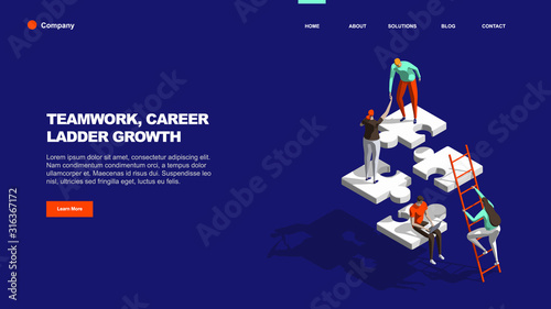 Teamwork concept with persons and puzzle elements. Team Metaphor. Template for web banner, landing page. Flat isometric vector illustration isolated on dark blue background.