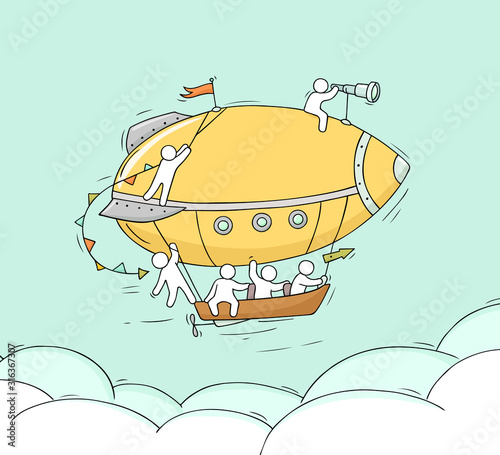 Sketch of little people fly on aerostat.