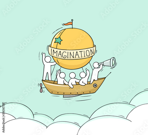 Sketch of little people fly on aerostat.