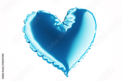 Single Air Balloon. Blue color heart shaped foil balloon isolated on white background. Love. Holiday celebration. Valentine's Day party decoration. Metallic blue colour Heart 3d render.