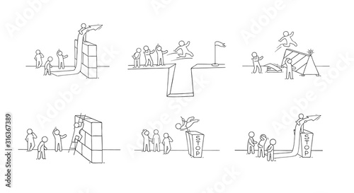 Sketch of little people with bariier. Doodle cartoon scene about overcoming the obstacle. Hand drawn vector illustration for business design.