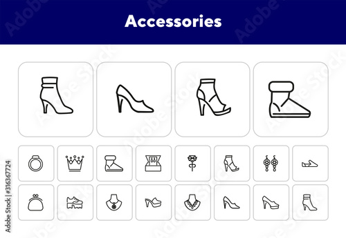 Accessories line icon set. Shoes, purse, necklace. Fashion concept. Can be used for topics like style, trend, jewelry