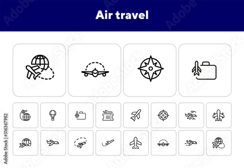 Air travel icon. Set of line icons on white background. World tour, airplane, trip. Airlines concept. Vector illustration can be used for topics like travel, tourism, transportation