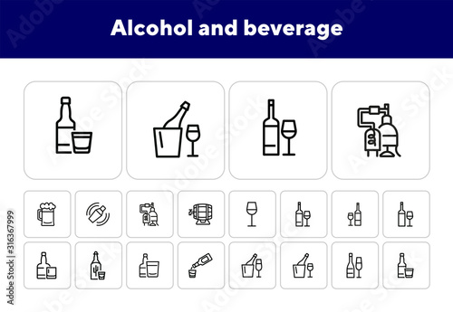 Alcohol and beverage icons. Set of line icons on white background. Glass, bottle, wine. Bar concept. Vector illustration can be used for topics like restaurant, alcohol, party
