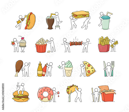 Cartoon set with little people and fast food.