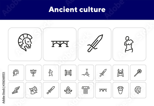 Ancient culture line icon set. Sword, spade, armor. History concept. Can be used for topics like war, medieval, myth photo