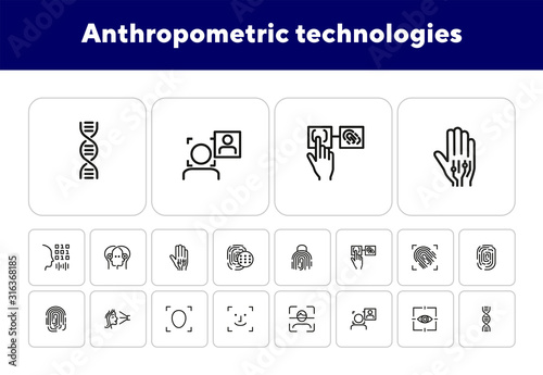 Anthropometric technologies line icon set. Scanning, identification, genes. Authentication concept. Can be used for topics like comparative analysis, criminology, forensics