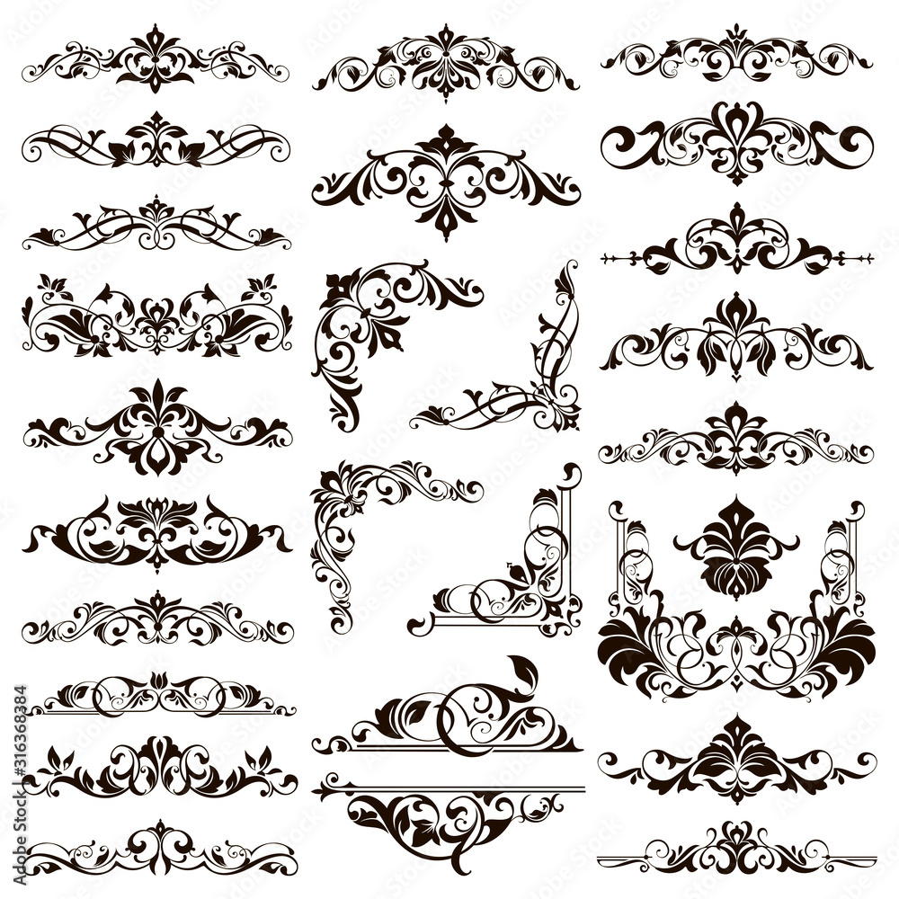 Fototapeta Ornamental design lace borders and corners Vector set art deco floral ornaments elements