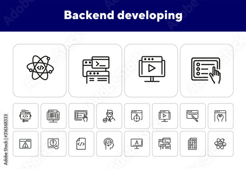 Backend developing line icon set. Set of line icons on white background. Technology concept. Program, computer, screen. Vector illustration can be used for topics like internet, computer, progress