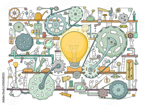 bulb icon with colorful gears on the gray background. stock vector illustration eps10