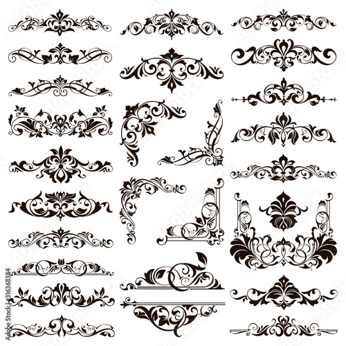 Ornamental design lace borders and corners Vector set art deco floral ornaments elements