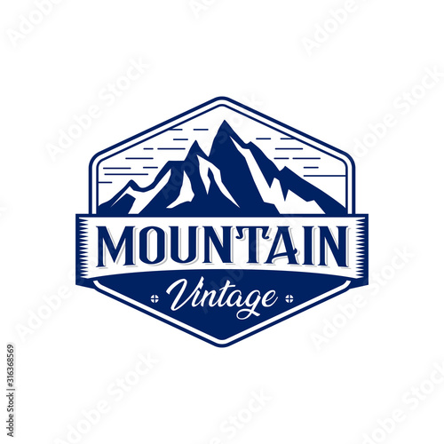 Mountains Logo Emblem, Outdoor Adventure Expedition Vector Illustration.