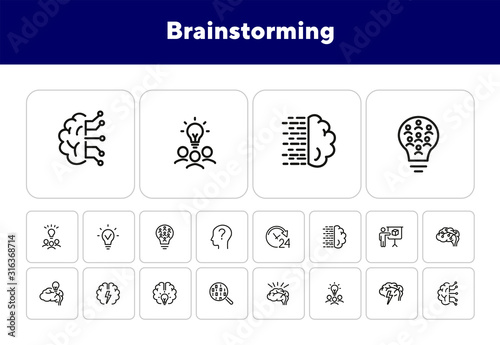 Brainstorming line icon set. Shining bulb, idea, charging. Brain work concept. Can be used for topics like intelligence, genius, IT startup