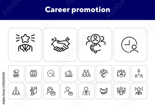 Career promotion line icon set. Candidate, selection, interview. Human resource concept. Can be used for topics like employment, corporate hierarchy, recruitment