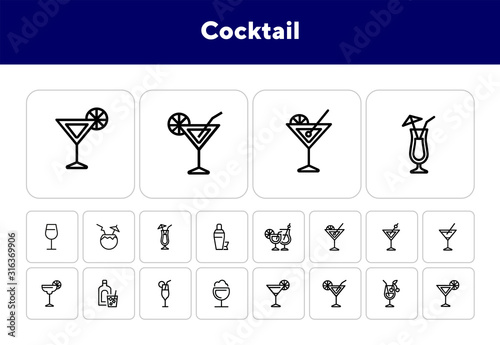 Cocktail line icon set. Vermouth, margarita, pina colada. Alcoholic drinks concept. Can be used for topics like bar, party, celebration