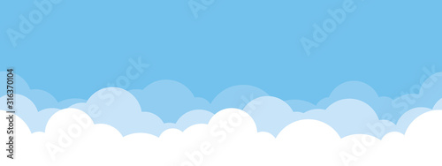 Cute white cloud on bright blue sky bottom border seamless pattern.