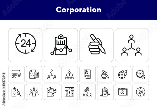 Corporation line icon set. Employees, flowchart, conference, time. Business concept. Can be used for topics like management, project, startup