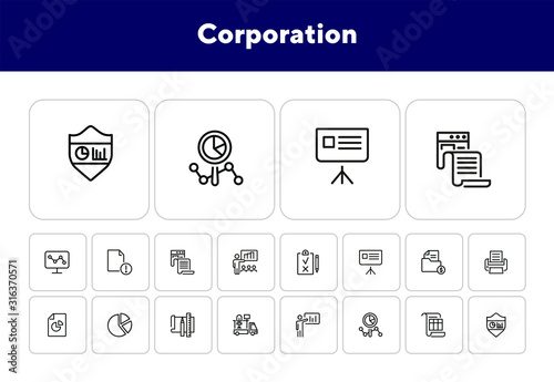 Corporation line icon set. Graph, presentation, report, diagram. Business concept. Can be used for topics like analysis, finance, insurance, startup