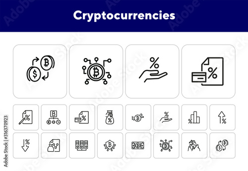 Cryptocurrencies line icon set. Set of line icons on white background. Investment concept. Bitcoin, mining, blockchain. Vector illustration can be used for topics like economy, finance, mining