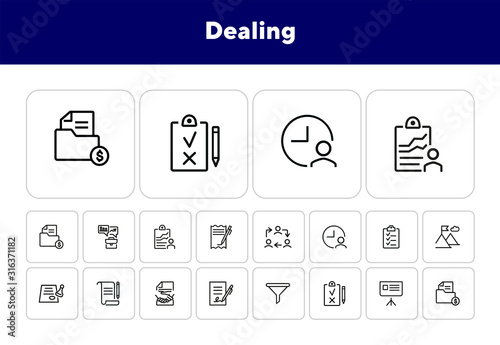 Dealing line icon set. Funnel, contract signing, handshake. Business concept. Can be used for topics like agreement, paperwork, money making