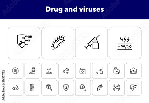 Drug and viruses icons. Set of line icons on white background. Syringe, bacteria, structure. Biology concept. Vector illustration can be used for healthcare, investigation
