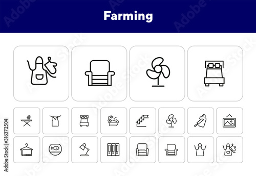 Farming line icon set. Set of line icons on white background. Nature concept. Pig, horse, food, product. Nature concept. Vector illustration can be used for topics like environment, farm, production