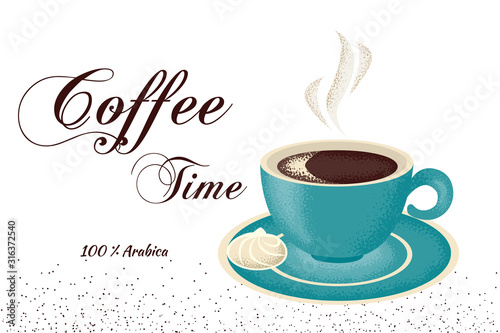 Fototapeta Naklejka Na Ścianę i Meble -  Abstract retro style. A cup of natural coffee with cookies. Grunge design, sketch, hand-drawn. Can be used as web and print, poster, signboard.