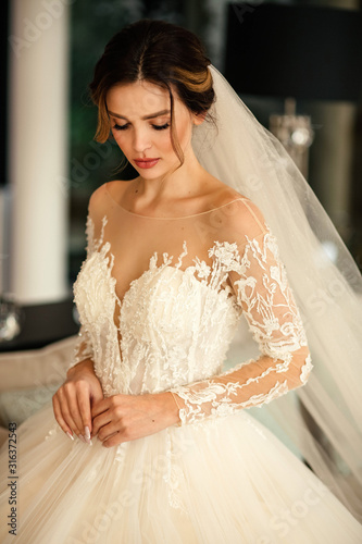 Fotografia beautiful young bride with dark hair in luxurious wedding dress