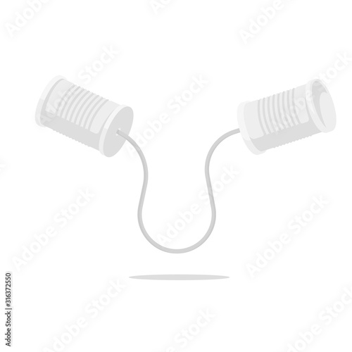 Tin can phone. Communication concept. Vector illustration flat design. Isolated on white background. Tin can telephone with cord.