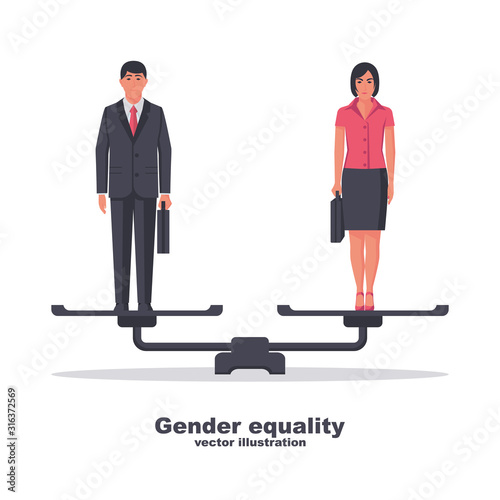 Gender equality concept. Business people man and women are standing on scales as a symbol of equality and fairness. Male and female equal rights. Standing on balance. Vector illustration flat design.