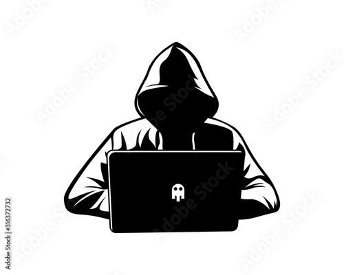 Data security and protection. Mysterious and anonymous hacker man in hoodie jacket looking at a laptop - Black and white vector line art illustration icon.