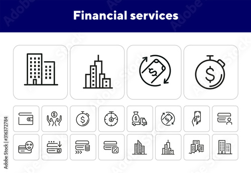Financial services line icon set. Credit card, office building, money, cash, wallet. Finance concept. Can be used for topics like banking, cashback, payment