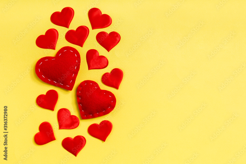 Top view of red hearts on colorful background with copy space. Romantic concept. Valentine's day concept Top view of red hearts on colorful background with copy space. Romantic concept. Valentine's day concept