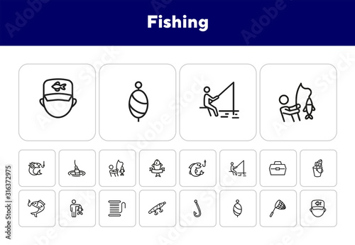 Fishing icon. Set of line icons on white background. Fish, catch, angling, harpoon. Fisherman concept. Vector illustration can be used for topics like leisure, recreation, hobby