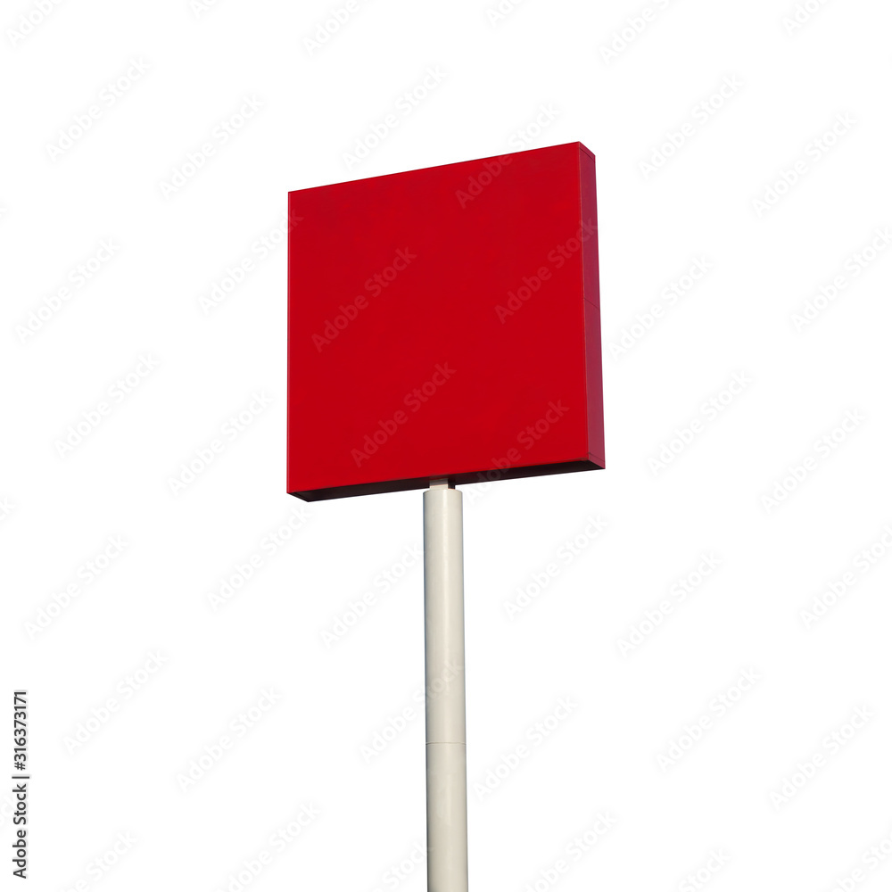 Blank billboard mockup with red screen against clouds and blue sky background Blank billboard mockup with red screen against clouds and blue sky background