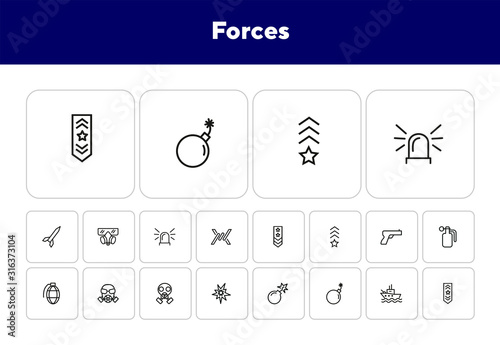 Forces line icon set. Shoulder strap, gun, bomb, ship. Military concept. Can be used for topics like army, war, defense, national security