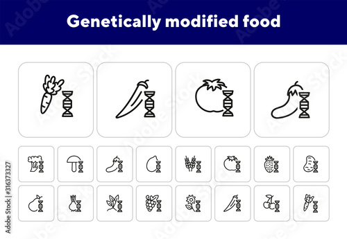 Genetically modified food line icon set. Gene, grain, fruit, vegetables. Food concept. Can be used for topics like genetics, agriculture, GM food