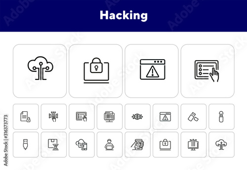 Hacking line icon set. Programmer, computer, memory stick. Information technology concept. Can be used for topics like antivirus, data safety, programming